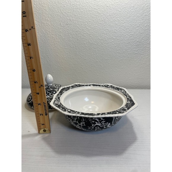 Vintage Black White Floral Black Calico Covered Dish Bowl Trinket Dish - Picture 4 of 8